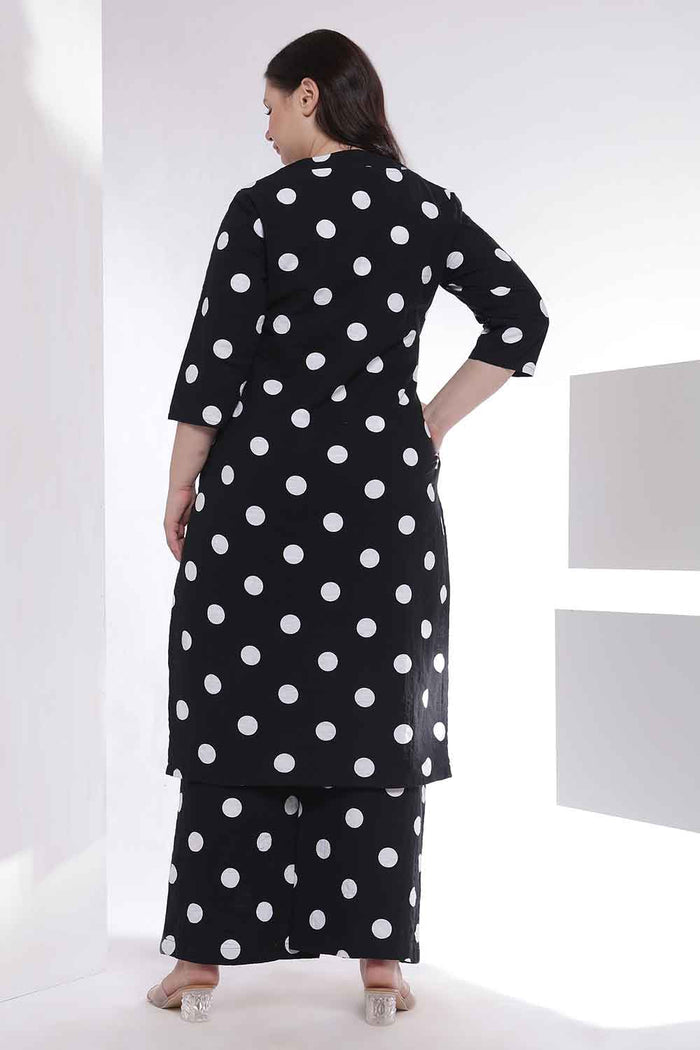 Plus Size Black Polka Print Kurta Coord Set