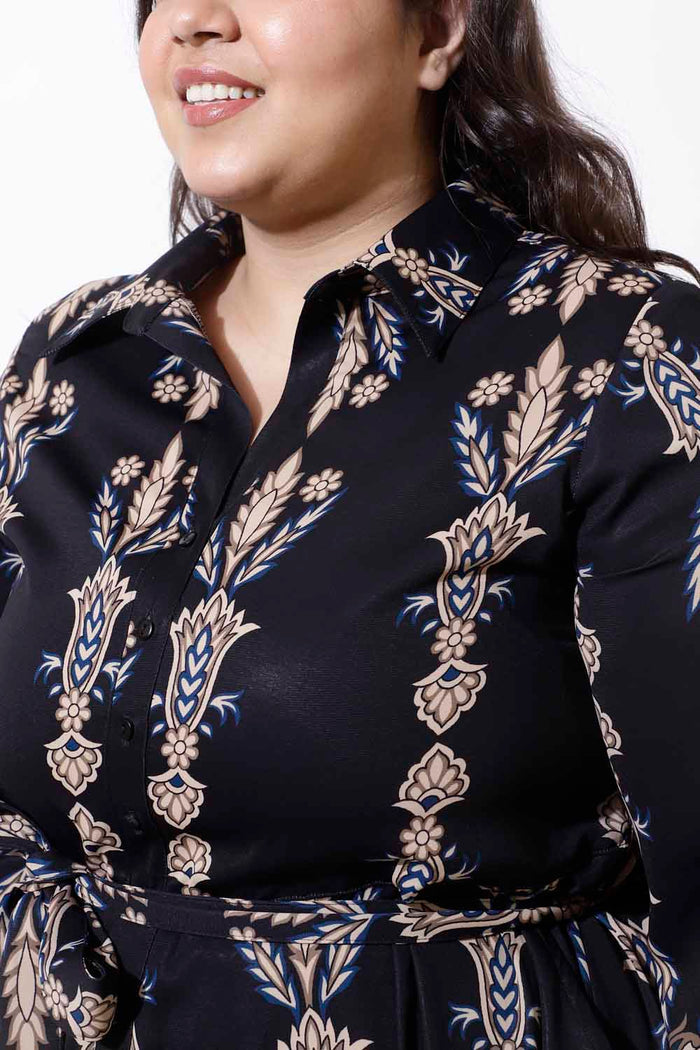Plus Size Black Printed Crepe Shirt Dress