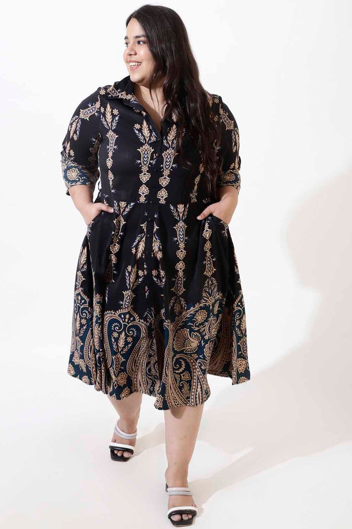 Plus Size Black Printed Crepe Shirt Dress
