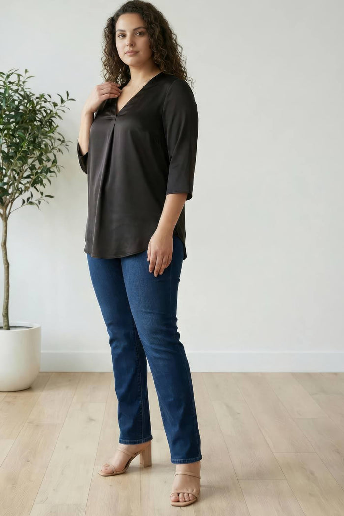 Plus Size Black Satin Centre Pleat Top