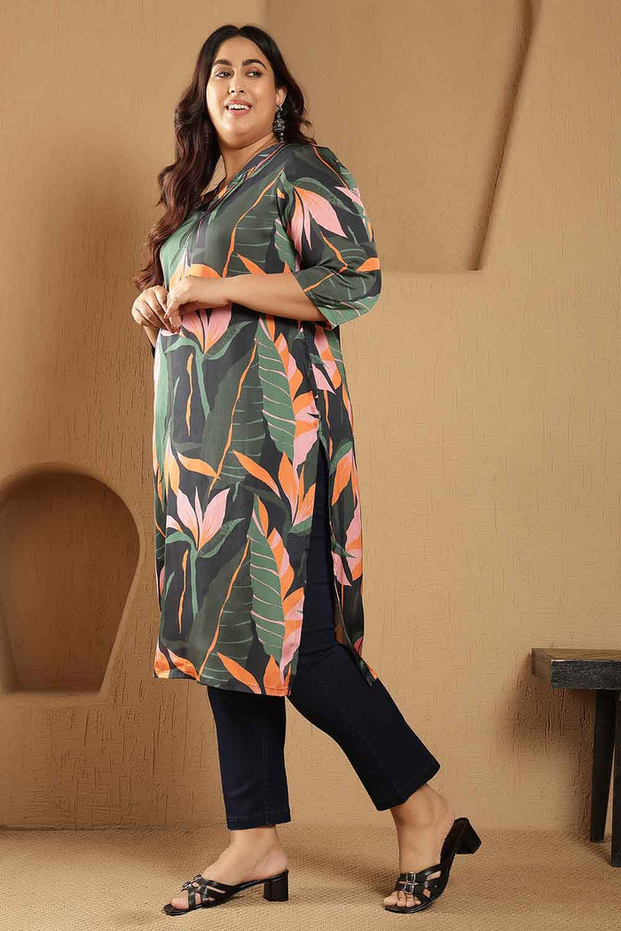 Plus Size Black Tropical Leaf Print V-Neck Satin Kurta