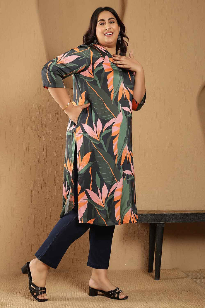 Plus Size Black Tropical Leaf Print V-Neck Satin Kurta
