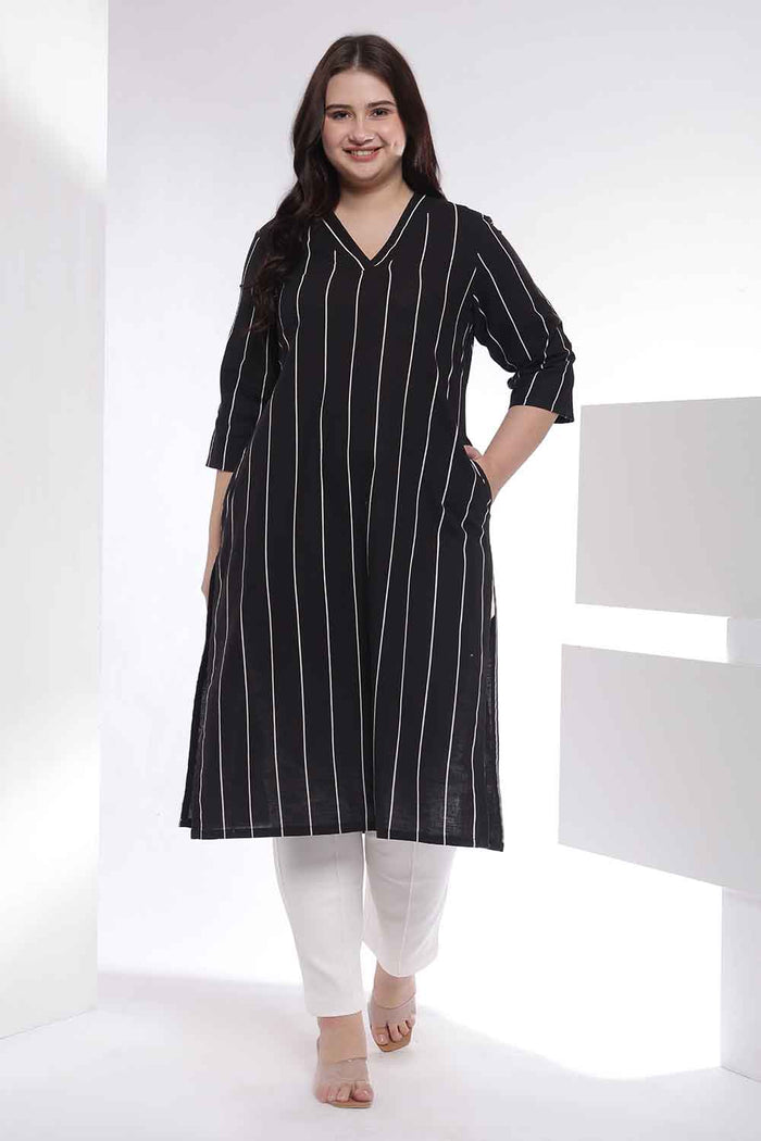 Plus Size Black Vertical Stripe Cotton V Neck Kurta