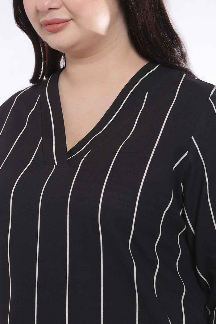 Plus Size Black Vertical Stripe Cotton V Neck Kurta