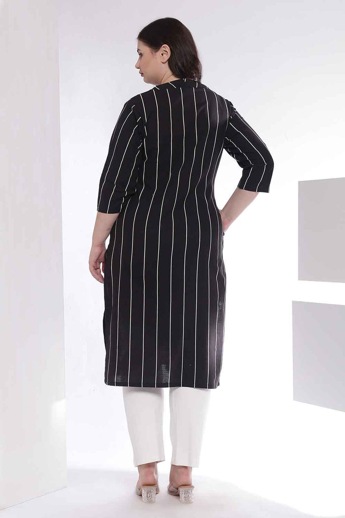 Plus Size Black Vertical Stripe Cotton V Neck Kurta