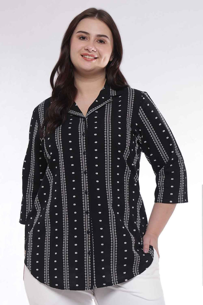 Plus Size Black Weave Work Cuban Collar Cotton Shirt