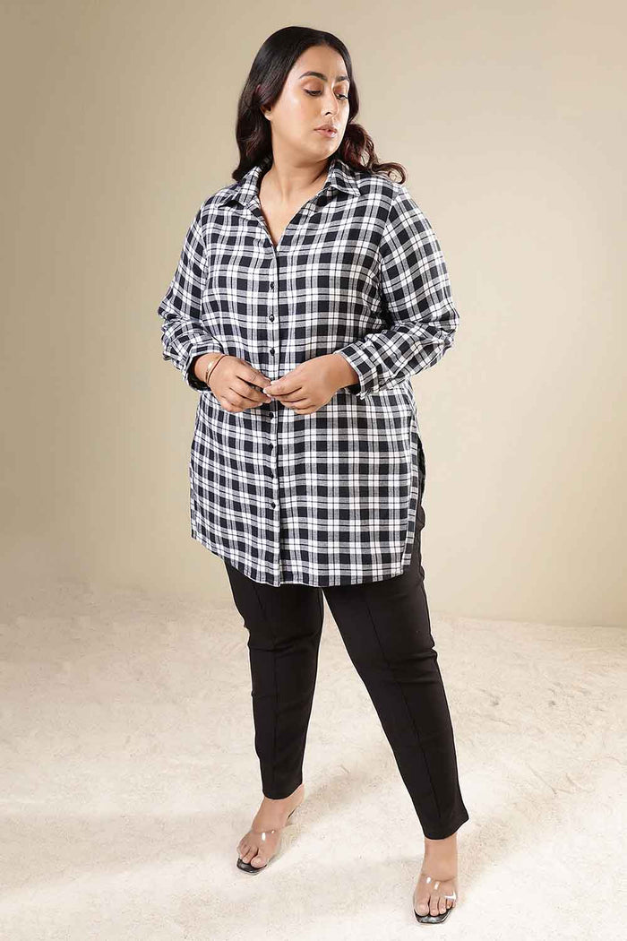 Plus Size Black & White Check Cotton Flannel Longline Shirt