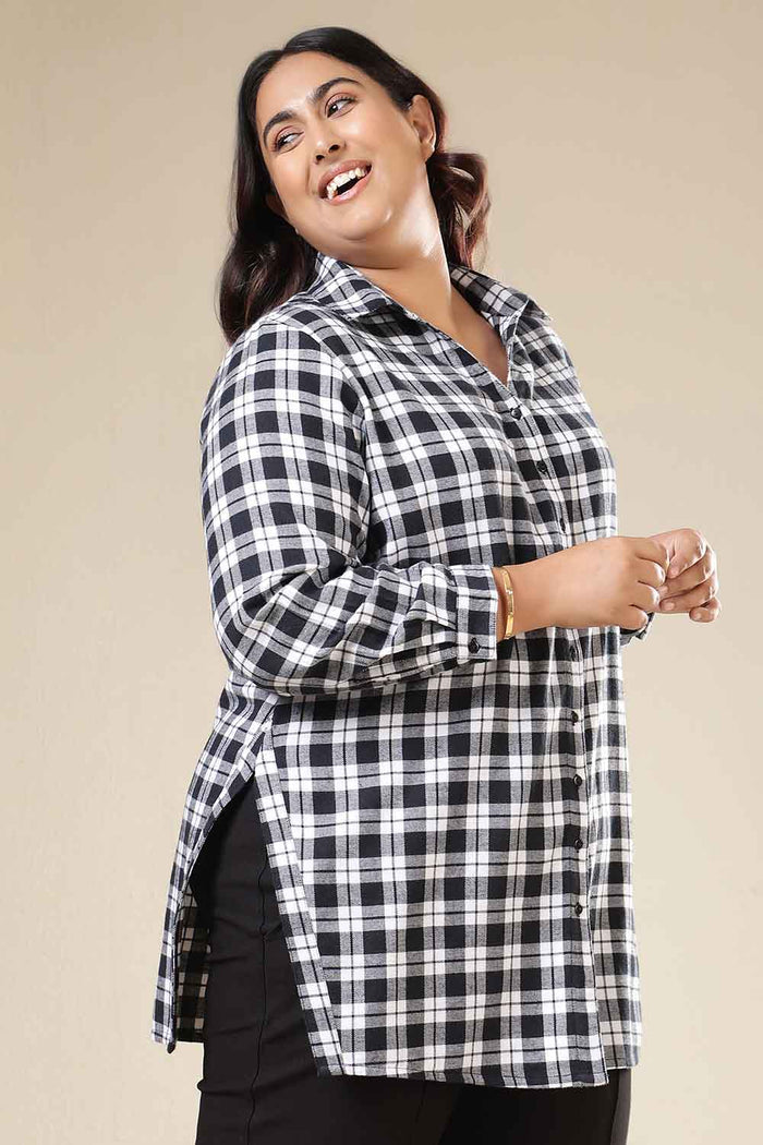 Plus Size Black & White Check Cotton Flannel Longline Shirt