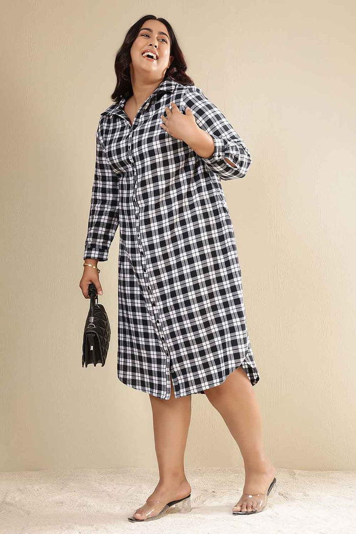 Plus Size Black & White Check Cotton Flannel Shirt Dress