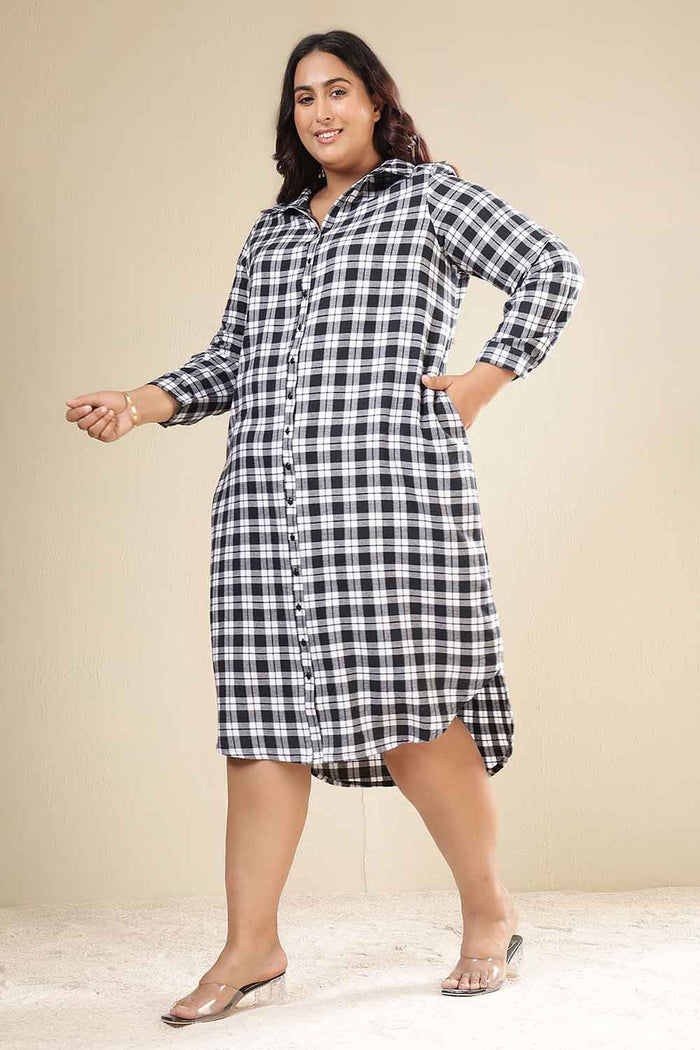 Plus Size Black & White Check Cotton Flannel Shirt Dress