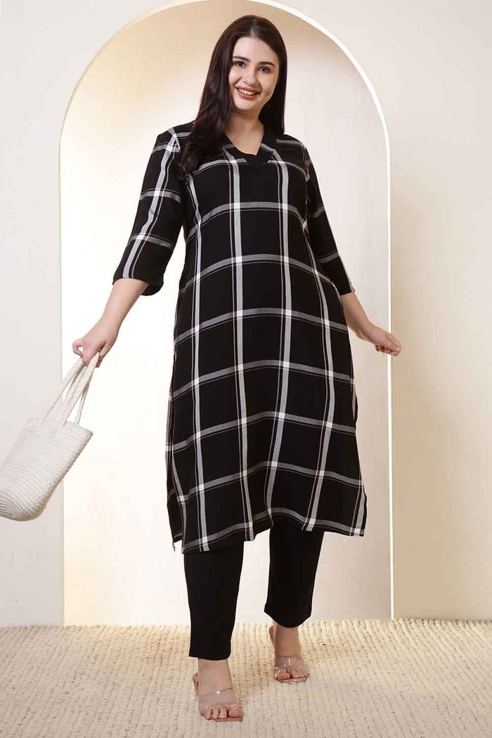 Plus Size Black & White Checkered V-Neck Rayon Twill Kurta