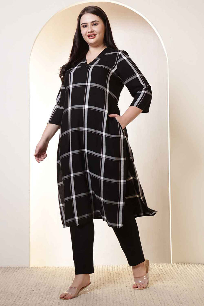 Plus Size Black & White Checkered V-Neck Rayon Twill Kurta