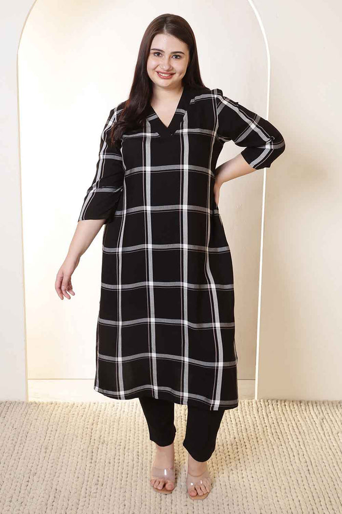 Plus Size Black & White Checkered V-Neck Rayon Twill Kurta