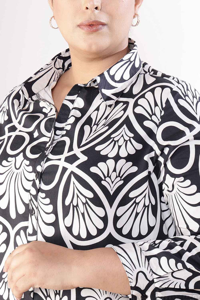 Plus Size Black & White Floral Print Cotton Shirt Dress