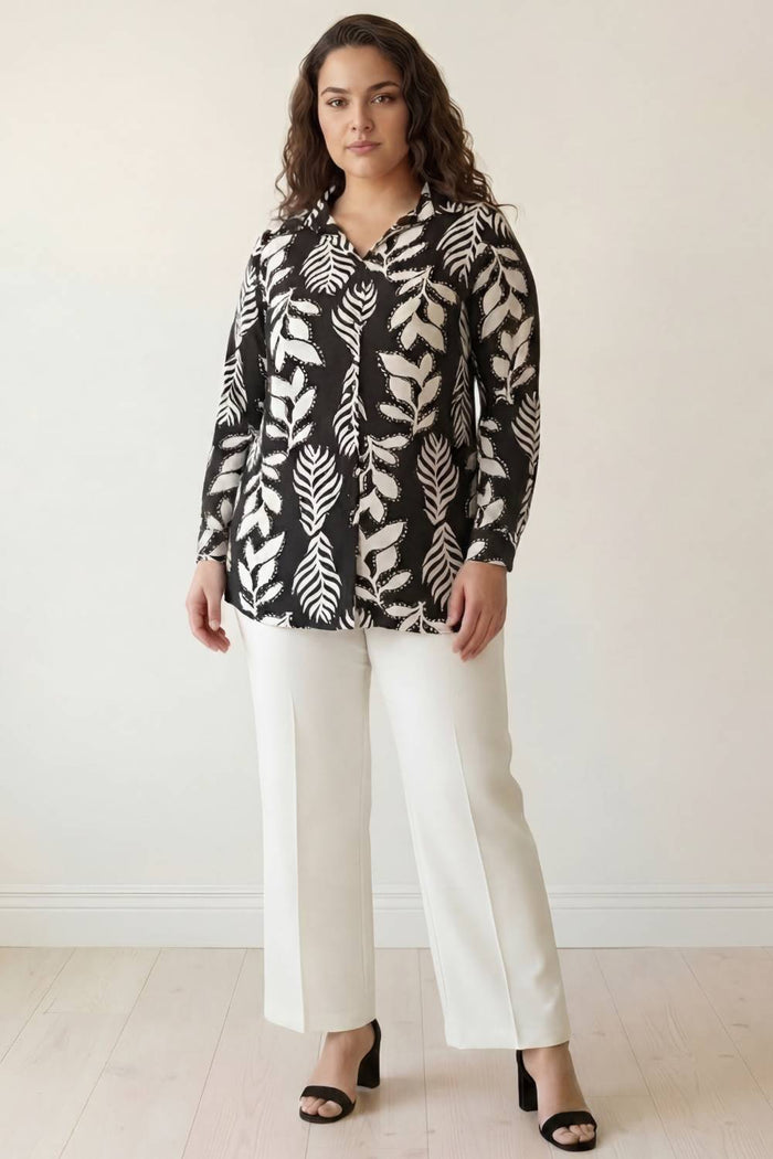 Plus Size Black White Leaf Print High Slit Longline Shirt