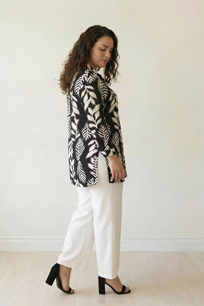 Plus Size Black White Leaf Print High Slit Longline Shirt