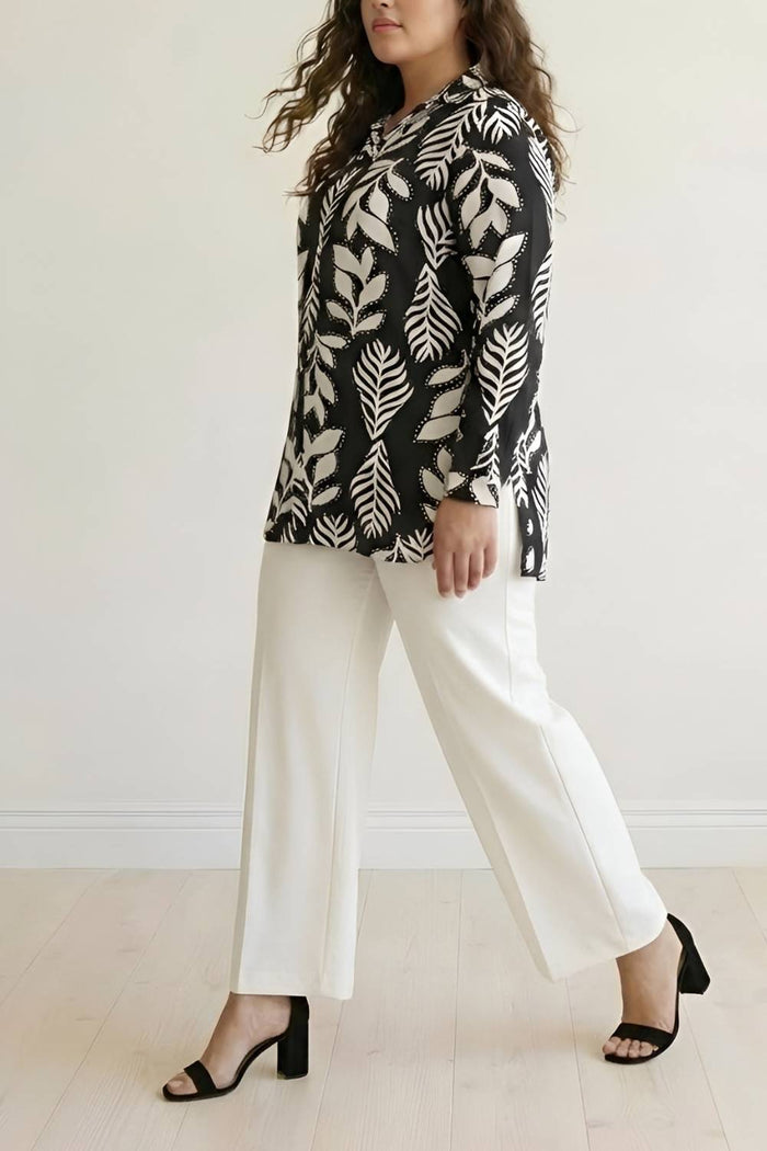 Plus Size Black White Leaf Print High Slit Longline Shirt