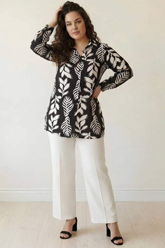 Plus Size Black White Leaf Print High Slit Longline Shirt