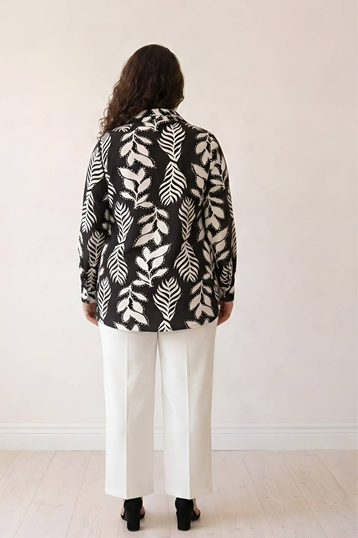 Plus Size Black White Leaf Print High Slit Longline Shirt