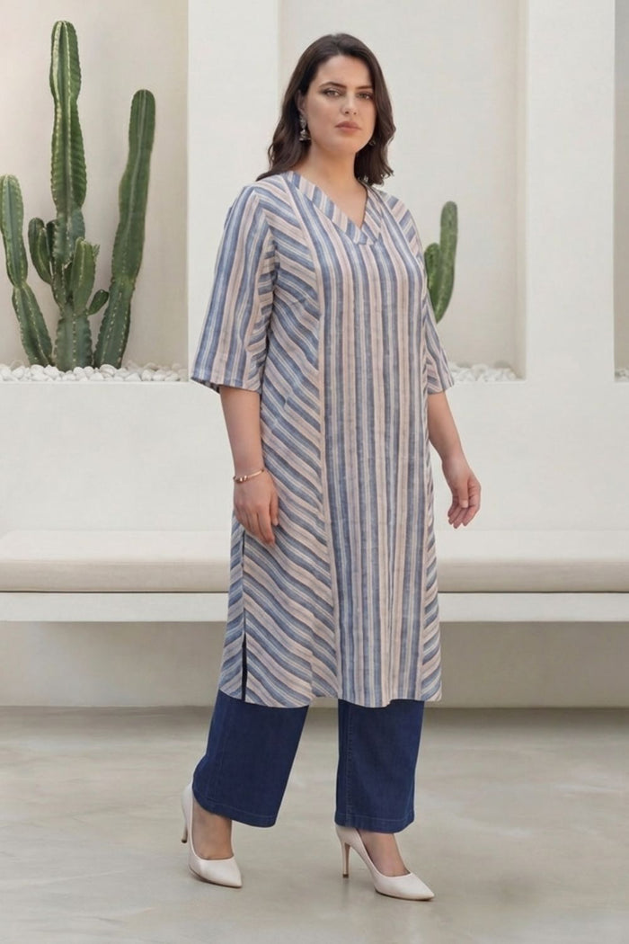 Plus Size Blue & Beige Striped Cotton V-Neck Kurta