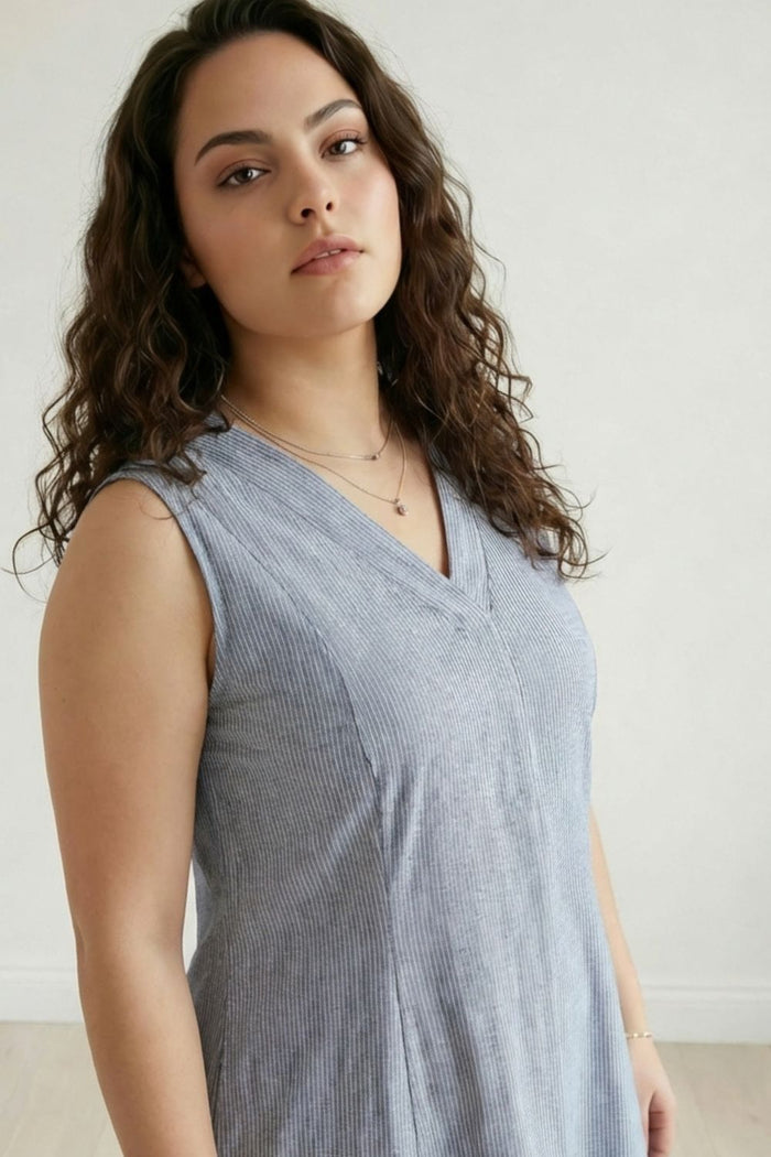 Plus Size Blue Chambray Pinstripe Sleeveless Cotton Midi Dress