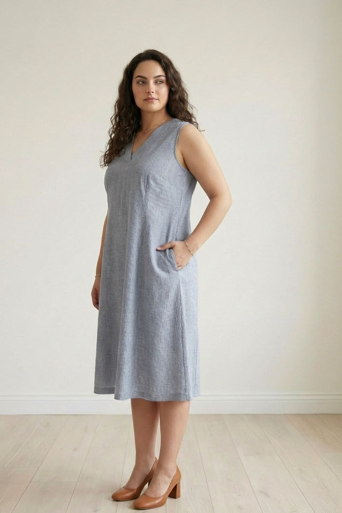 Plus Size Blue Chambray Pinstripe Sleeveless Cotton Midi Dress