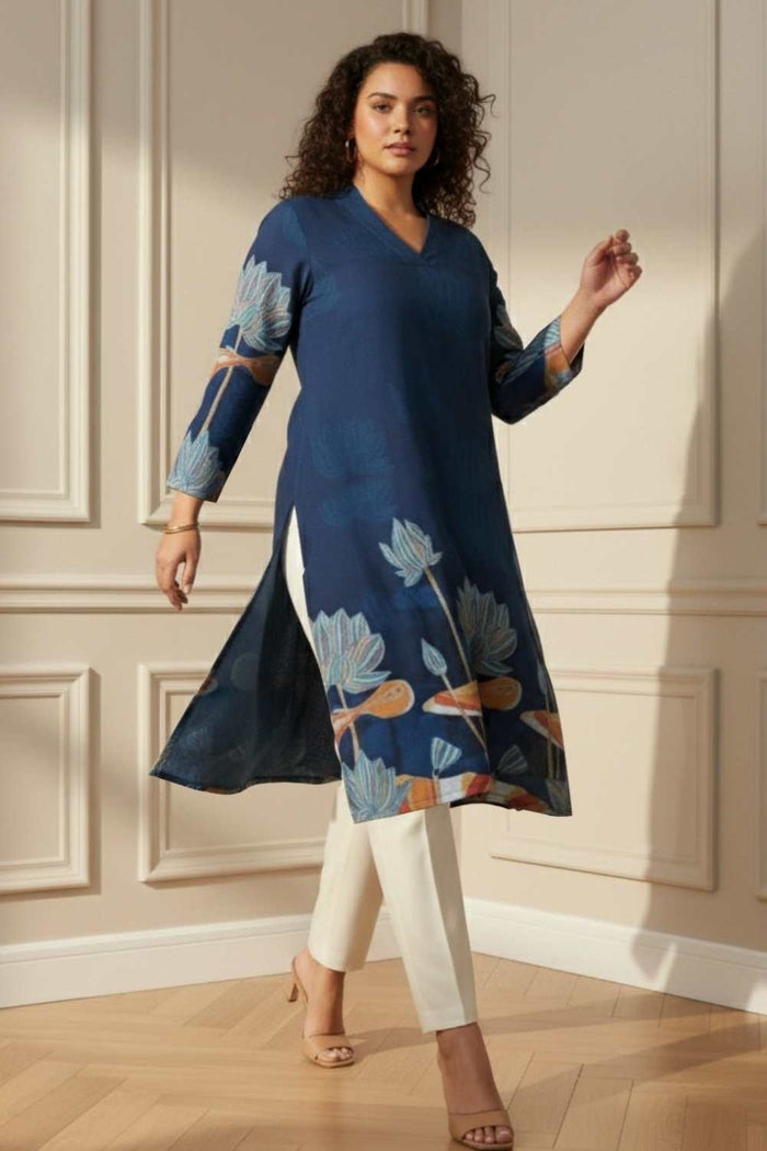 Plus Size Blue Floral SnugWeave™ Winter Kurta