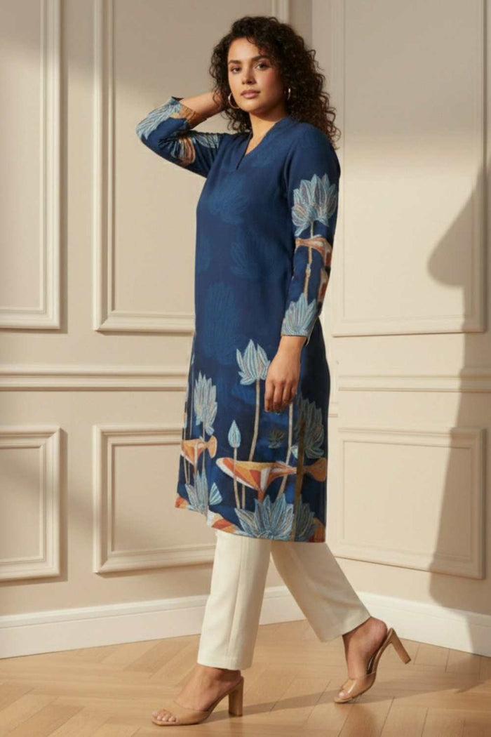 Plus Size Blue Floral SnugWeave™ Winter Kurta