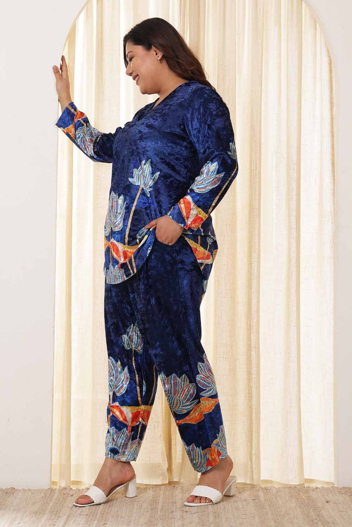 Plus Size Blue Floral Velvet Coord Set