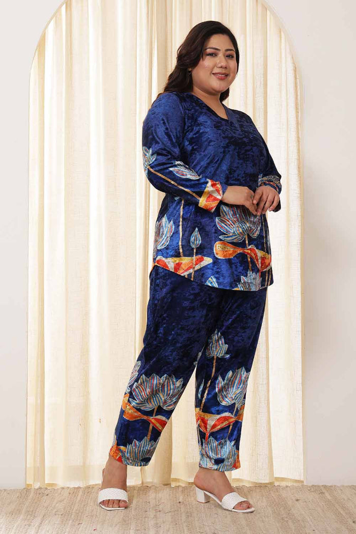 Plus Size Blue Floral Velvet Coord Set