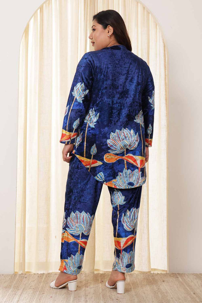 Plus Size Blue Floral Velvet Coord Set