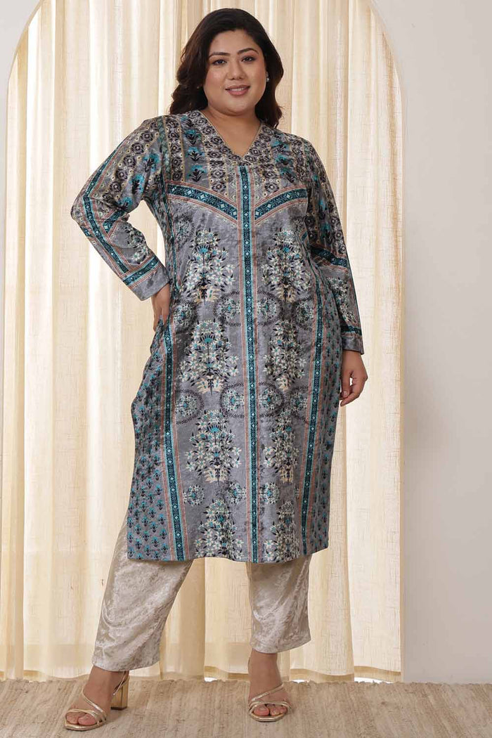 Plus Size Blue Grey Velvet Kurta