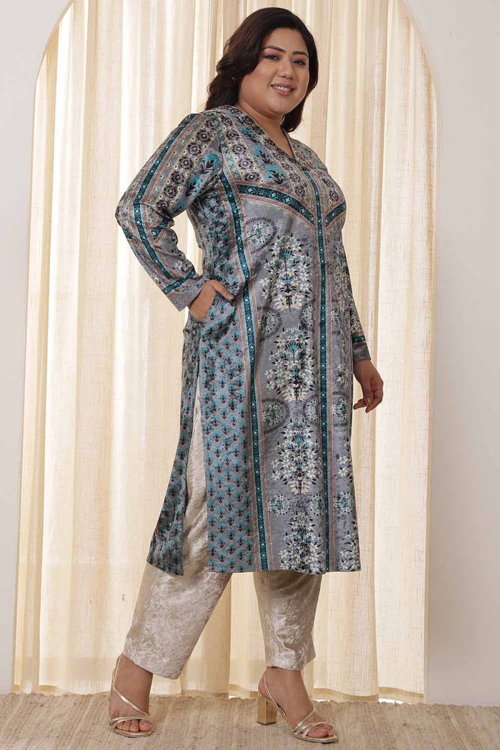 Plus Size Blue Grey Velvet Kurta