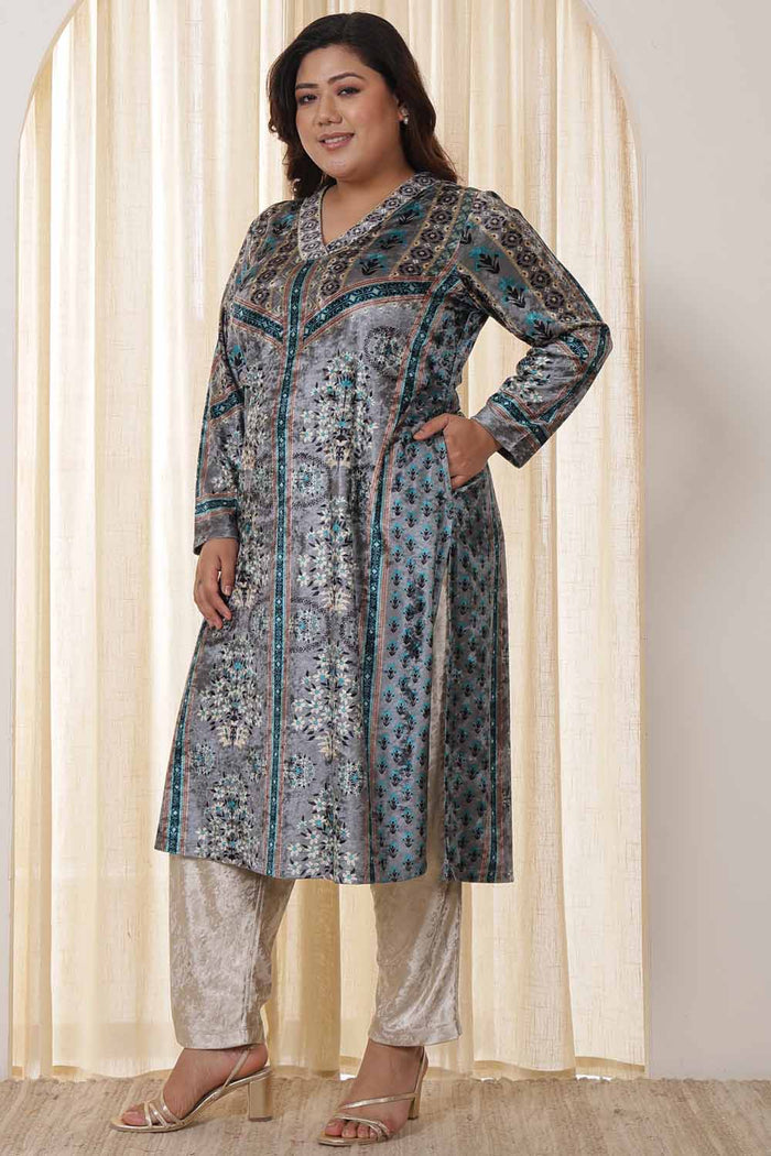 Plus Size Blue Grey Velvet Kurta