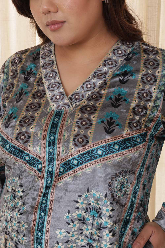 Plus Size Blue Grey Velvet Kurta