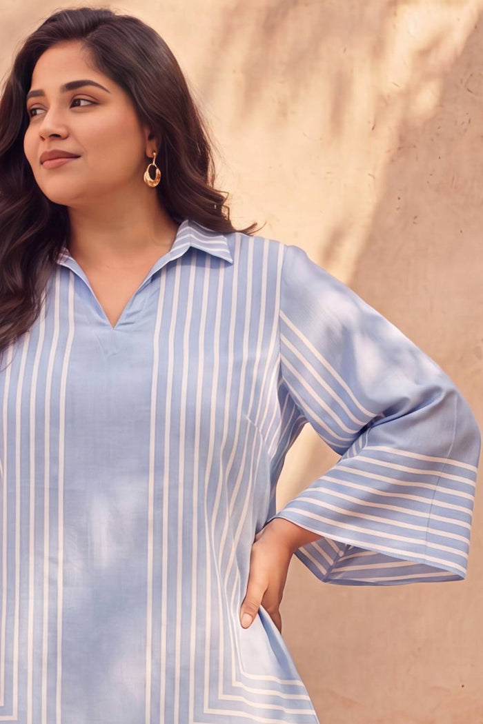 Plus Size Blue Stripe Printed Cotton Top