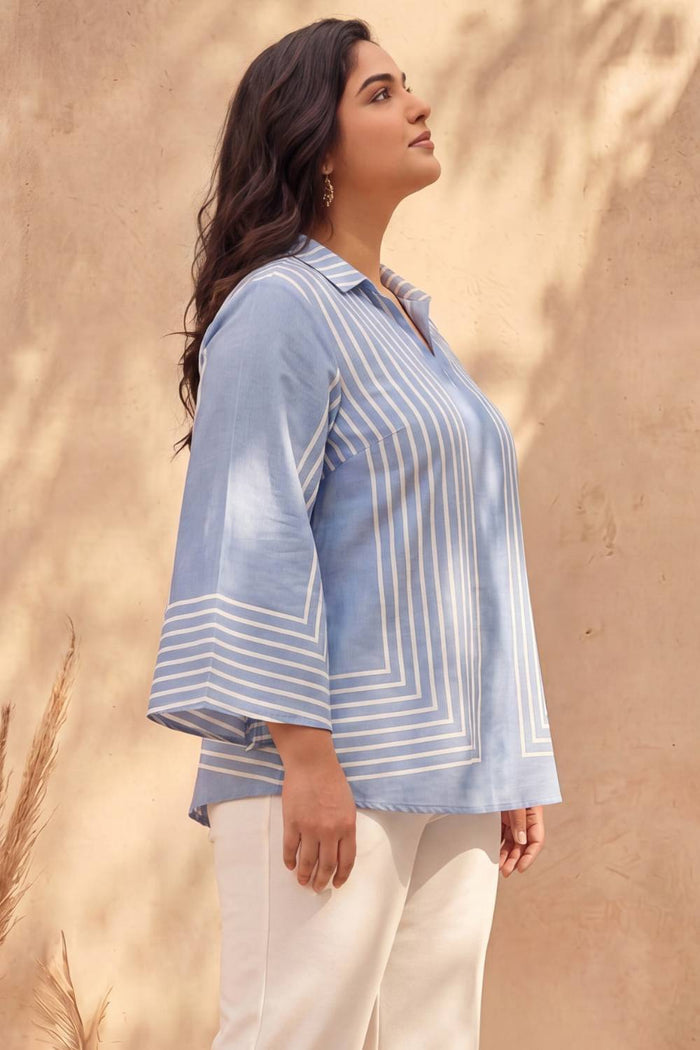 Plus Size Blue Stripe Printed Cotton Top