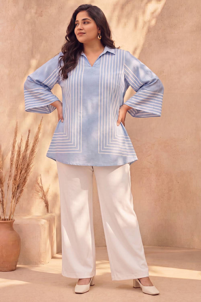 Plus Size Blue Stripe Printed Cotton Top