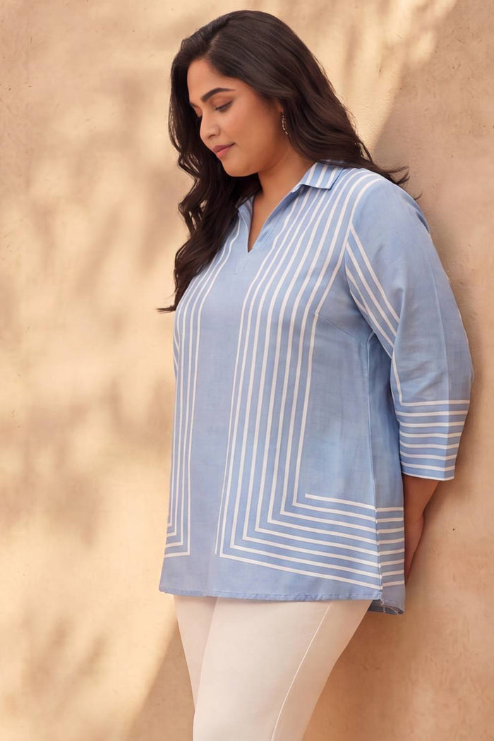 Plus Size Blue Stripe Printed Cotton Top
