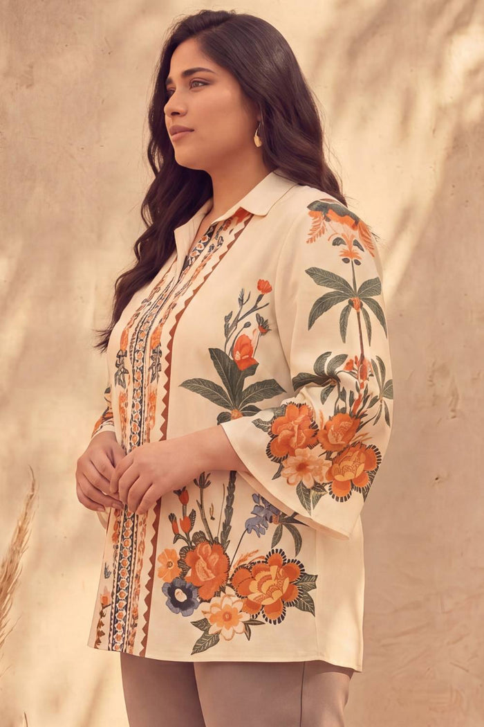 Plus Size Boho Floral Panel Print Cotton Top
