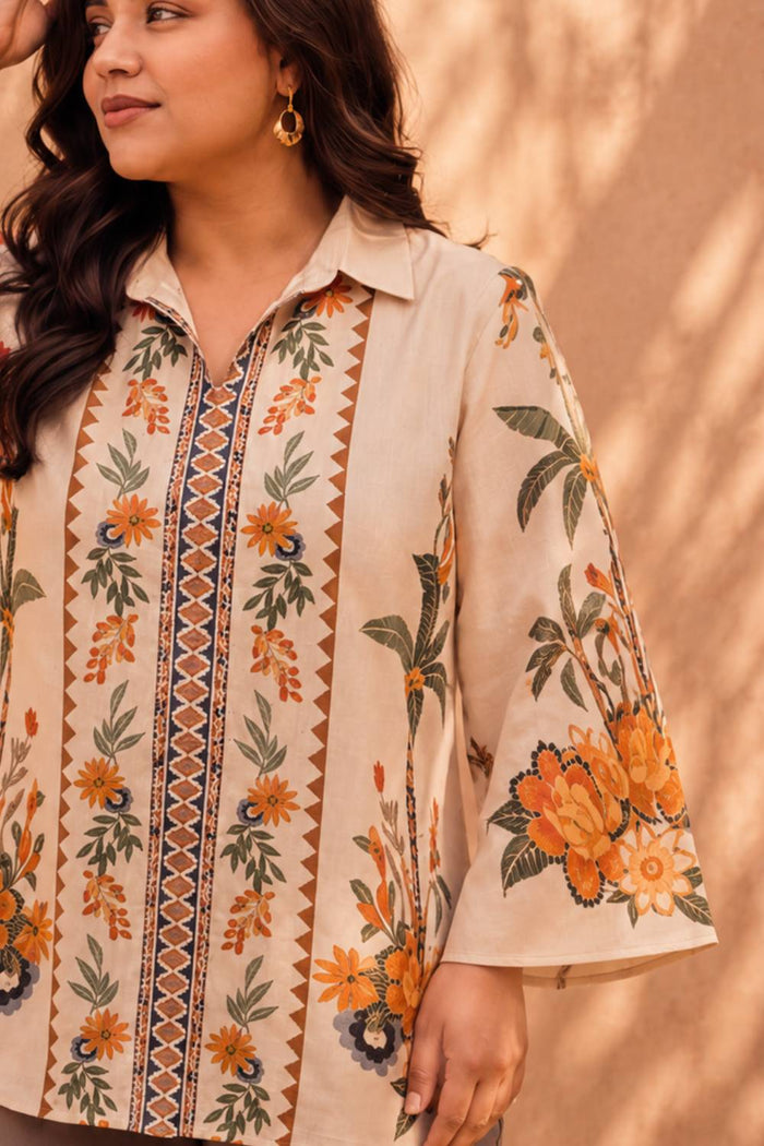 Plus Size Boho Floral Panel Print Cotton Top
