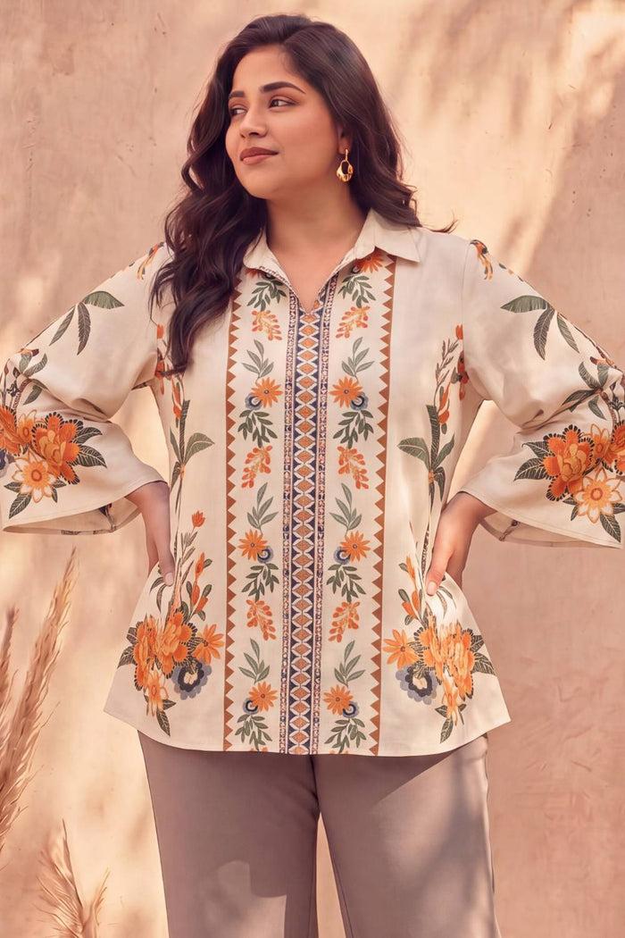 Plus Size Boho Floral Panel Print Cotton Top