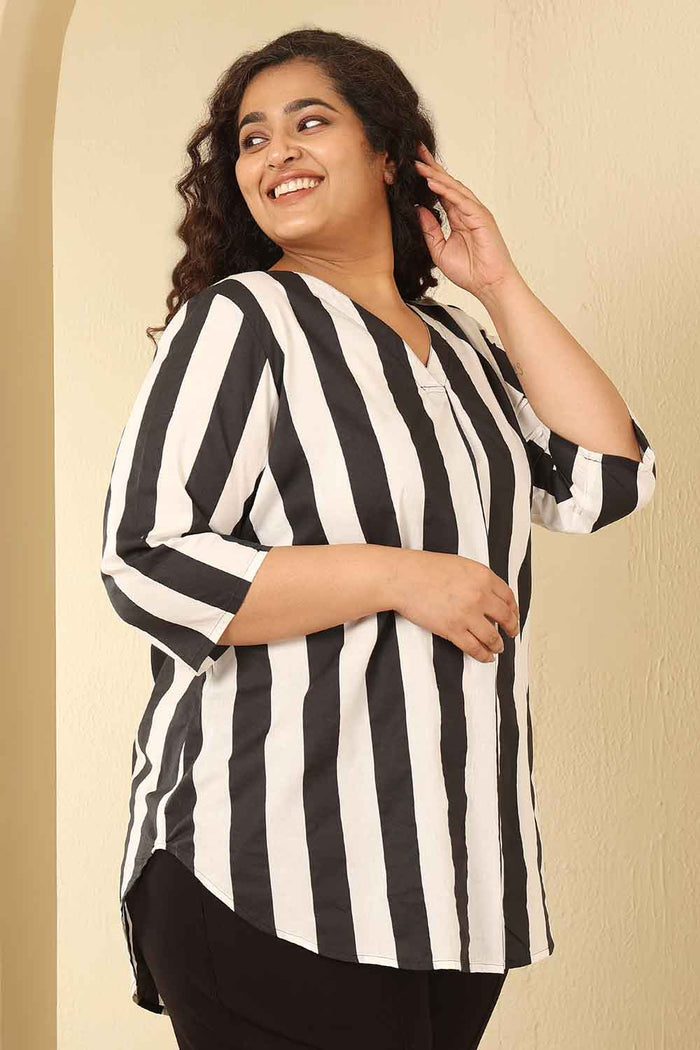 Plus Size Bold Striped Cotton V Neck Top