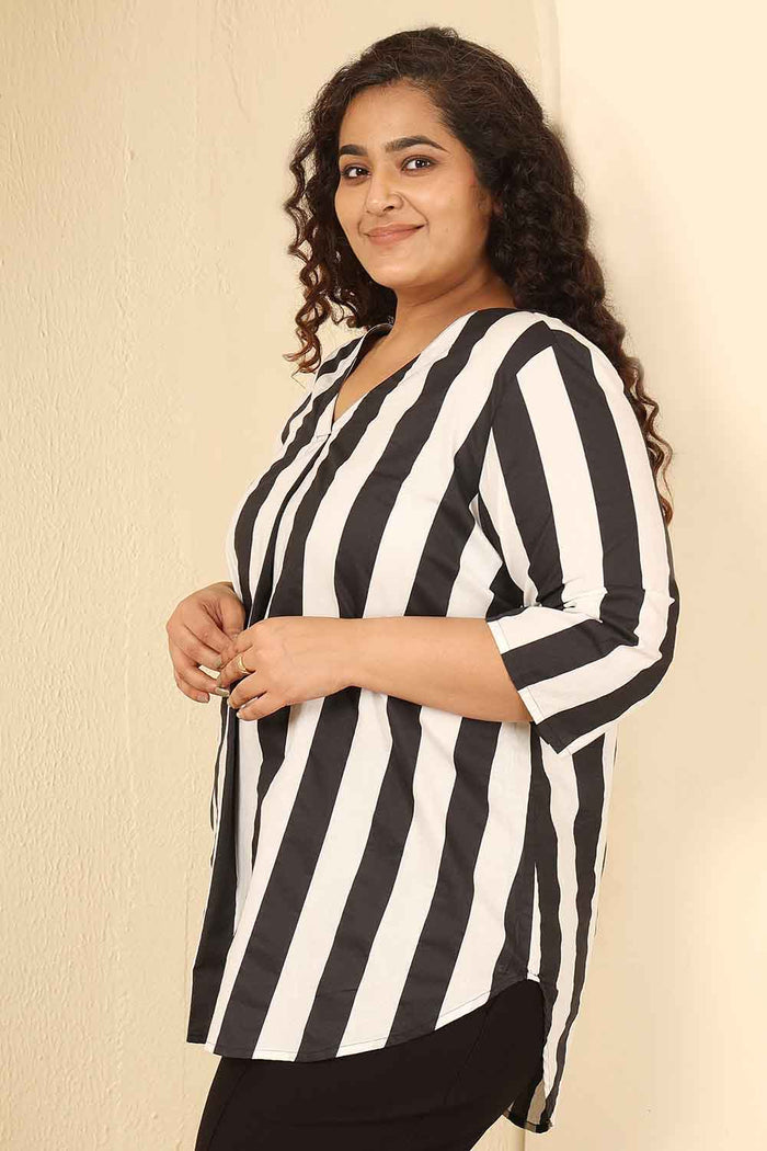 Plus Size Bold Striped Cotton V Neck Top