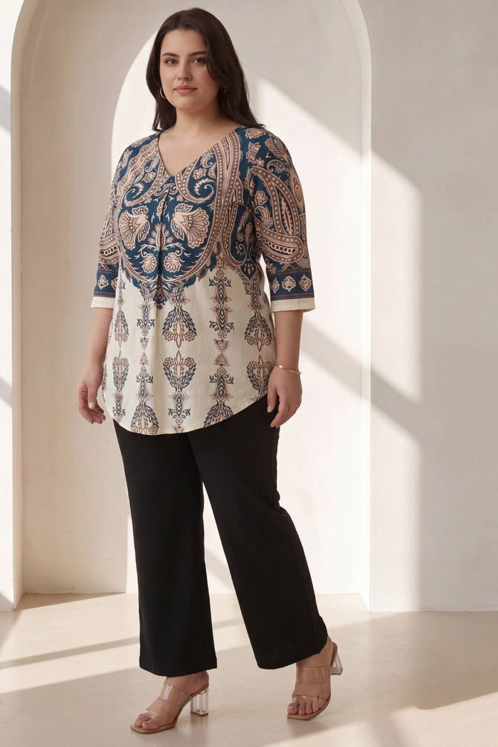 Plus Size Cream Luxe Ethnic Print Centre Pleat Top