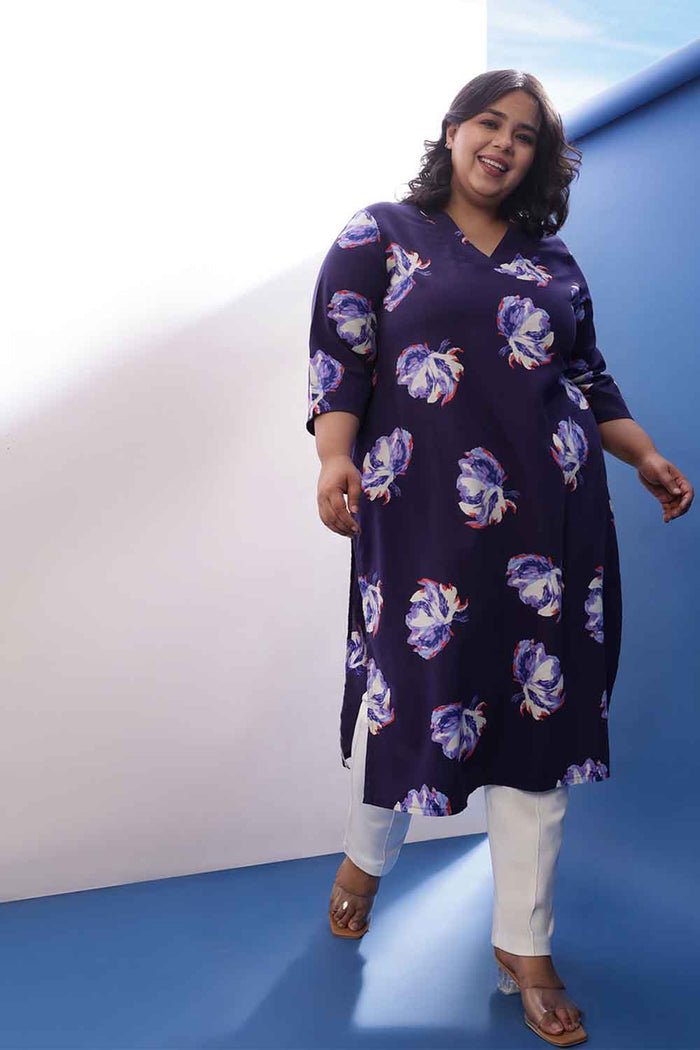 Plus Size Dark Blue Floral Print  V Neck Kurta