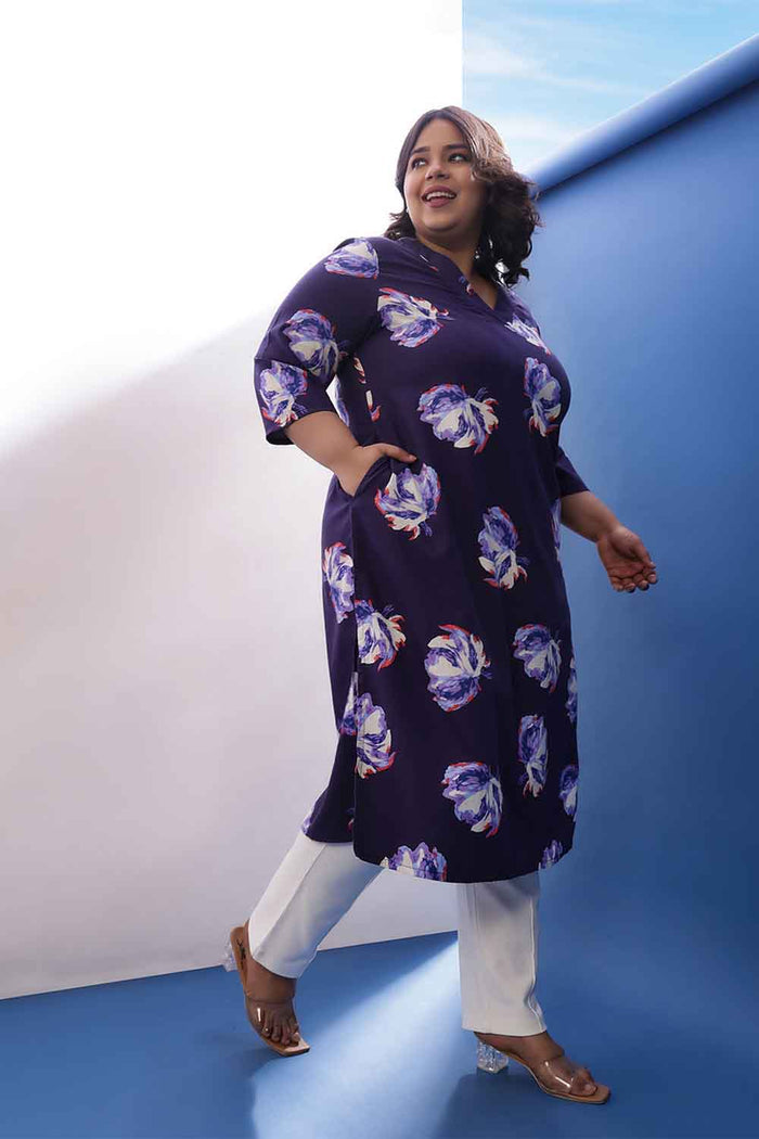 Plus Size Dark Blue Floral Print  V Neck Kurta