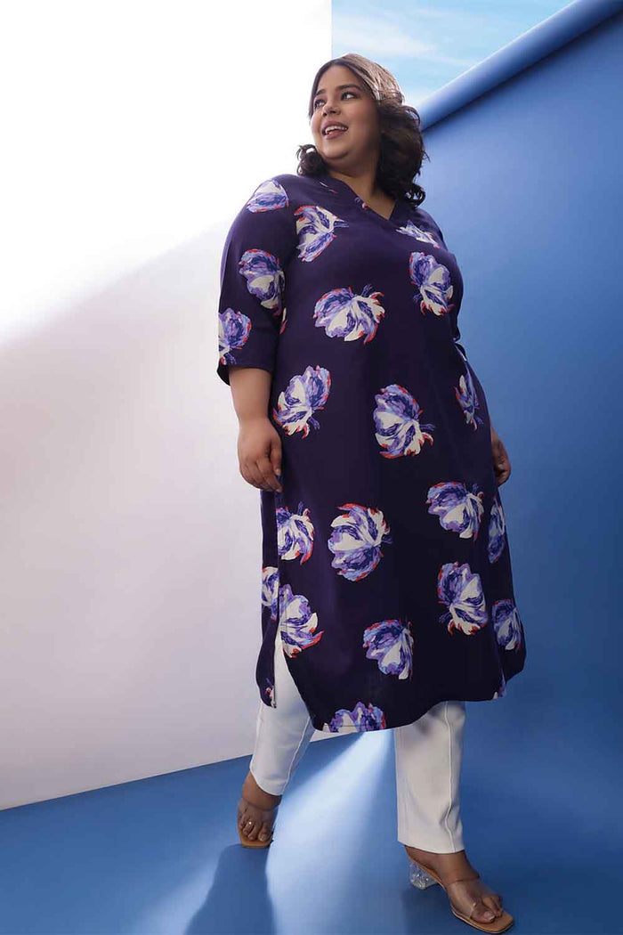 Plus Size Dark Blue Floral Print  V Neck Kurta