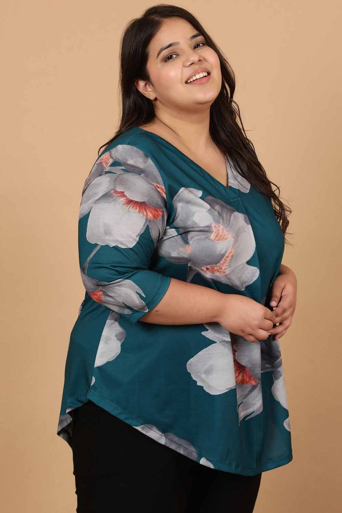 Plus Size Dark Green Floral Printed Centre Pleat Top