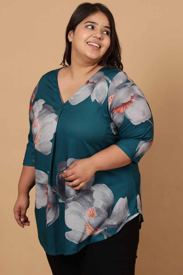Plus Size Dark Green Floral Printed Centre Pleat Top